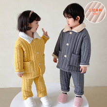 韩版儿童三层夹棉加厚睡衣冬季男女童保暖家居服翻领保暖居家套装