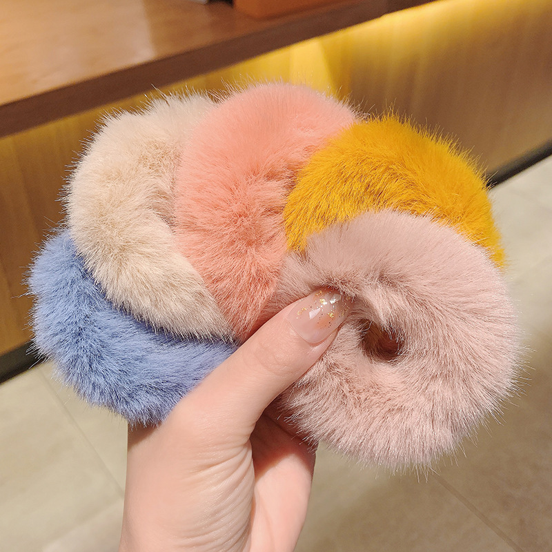 All-Match Rabbit Fur Large Intestine Hair Band Girl Candy Color Plush Headband Cute Student Hair Tie Ball Head Rubber Band