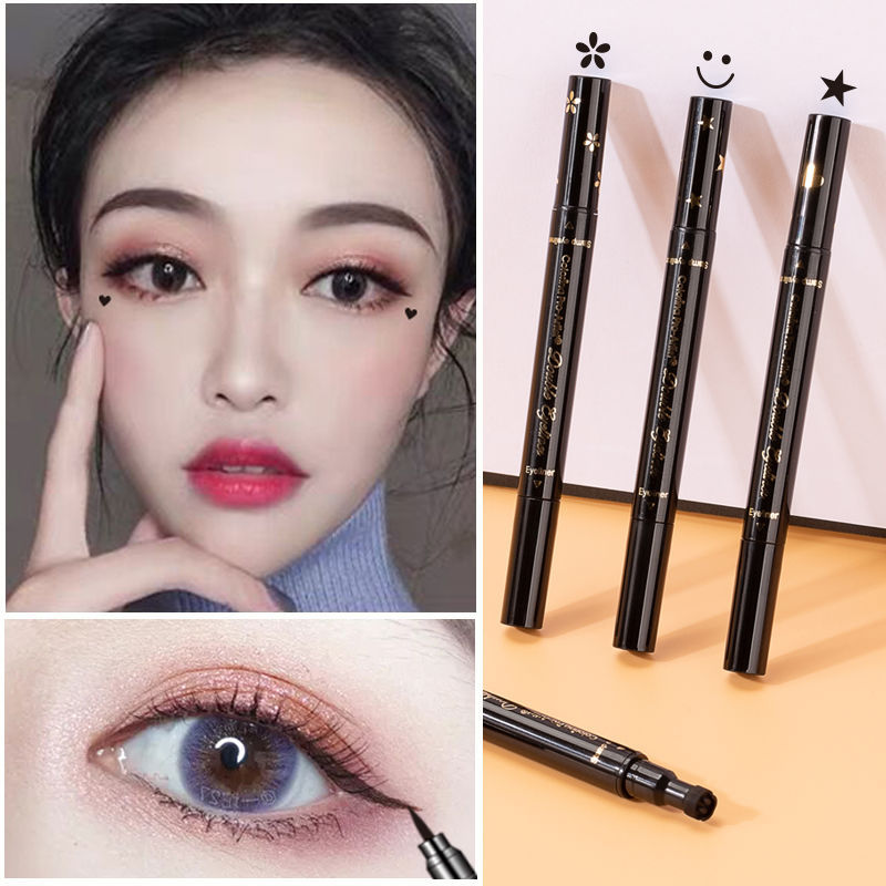 Cross-Border Full English Double-Headed Seal Eyeliner Waterproof Not Smudge Personality Embellished Love Moon Black Starry Sky Pen