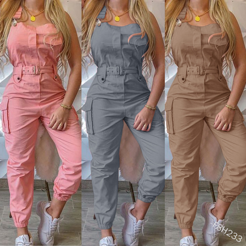 In Stock 2022 Fashion European and American Cross-Border Women Workwear Jumpsuit Belt Sleeveless Overalls Simple Ankle Banded Pants