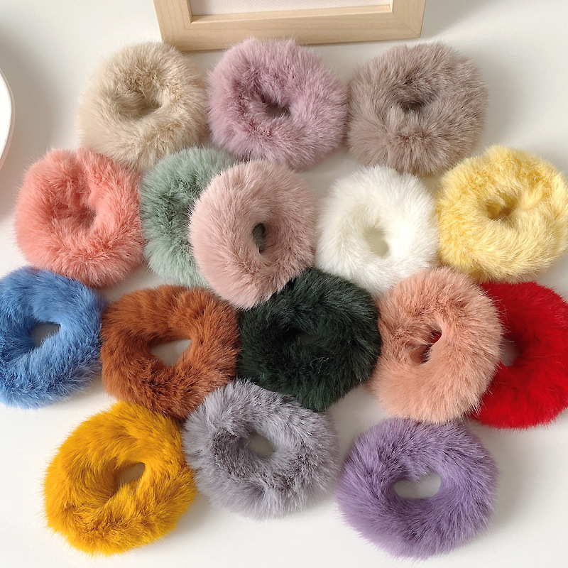 All-Match Rabbit Fur Large Intestine Hair Band Girl Candy Color Plush Headband Cute Student Hair Tie Ball Head Rubber Band