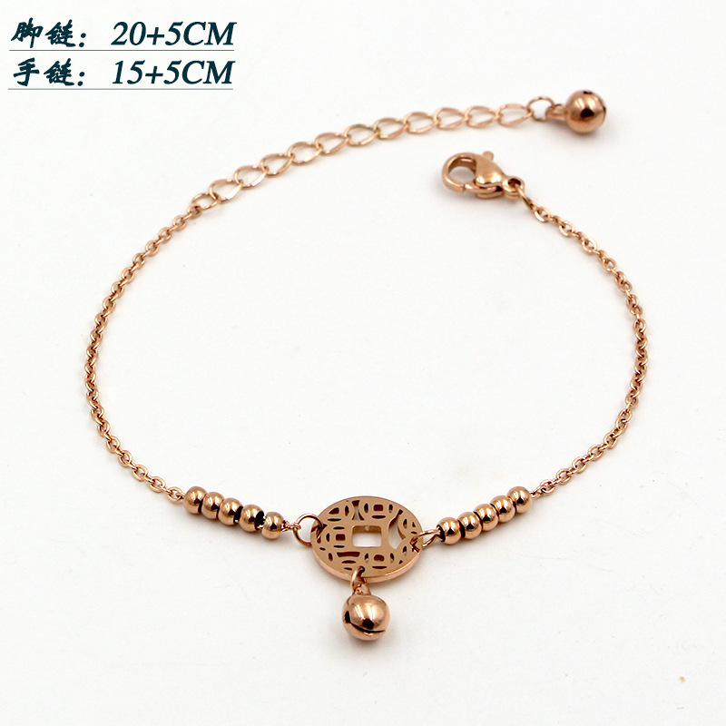 日韩时尚五连珠招财铜钱铃铛手链脚链女玫瑰金本命年招财饰品批发