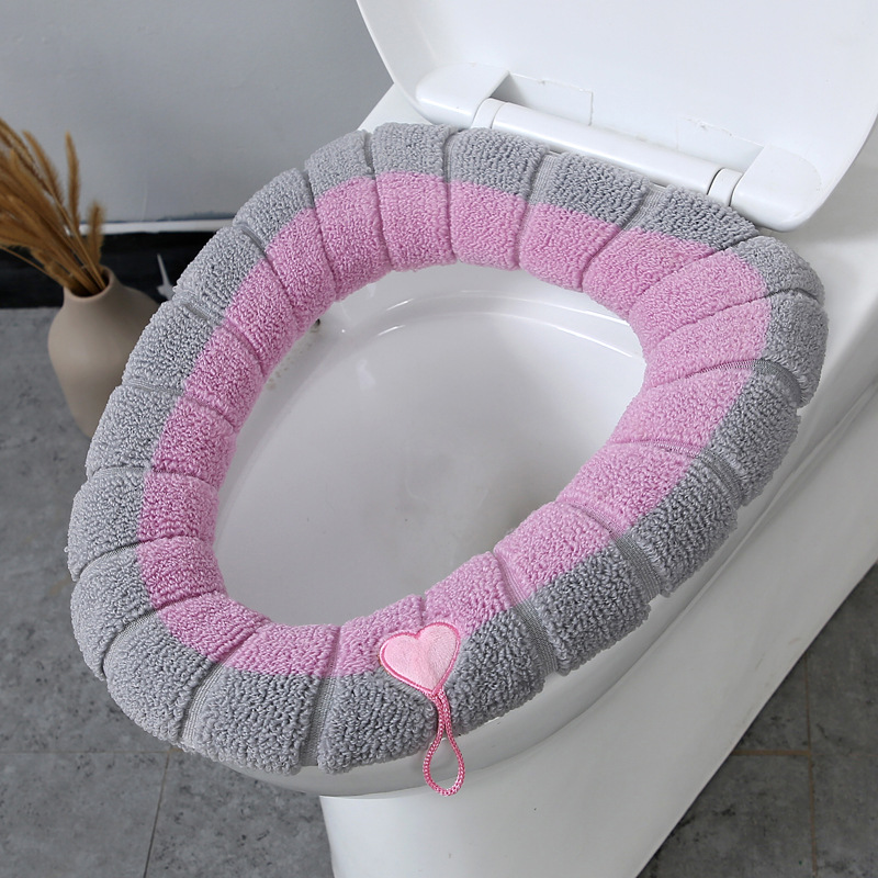 Nordic Style Contrast Color Handle Toilet Seat Cushion Plush Knitted Toilet Seat Cover Winter Warm Toilet Seat Home Toilet Seat Cover