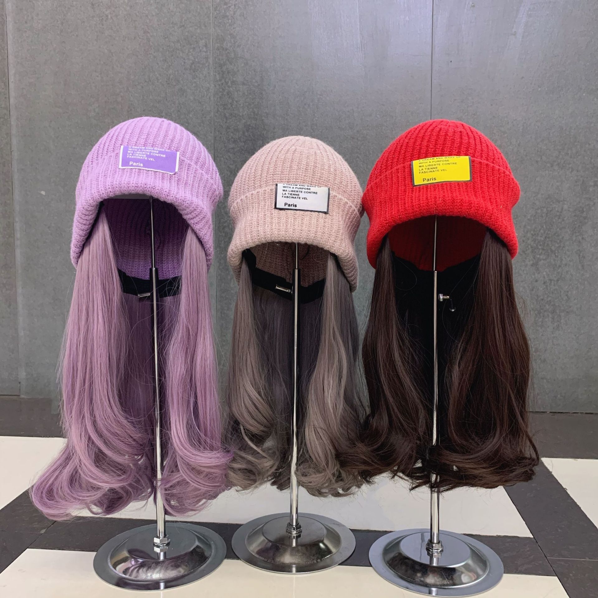 Purple Curly Hair Knitted Wig Cap Korean Versatile Bright Silk Knitted Hat Korean Invisible Detachable Wig Cold Hat