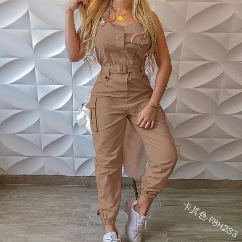 In Stock 2022 Fashion European and American Cross-Border Women Workwear Jumpsuit Belt Sleeveless Overalls Simple Ankle Banded Pants