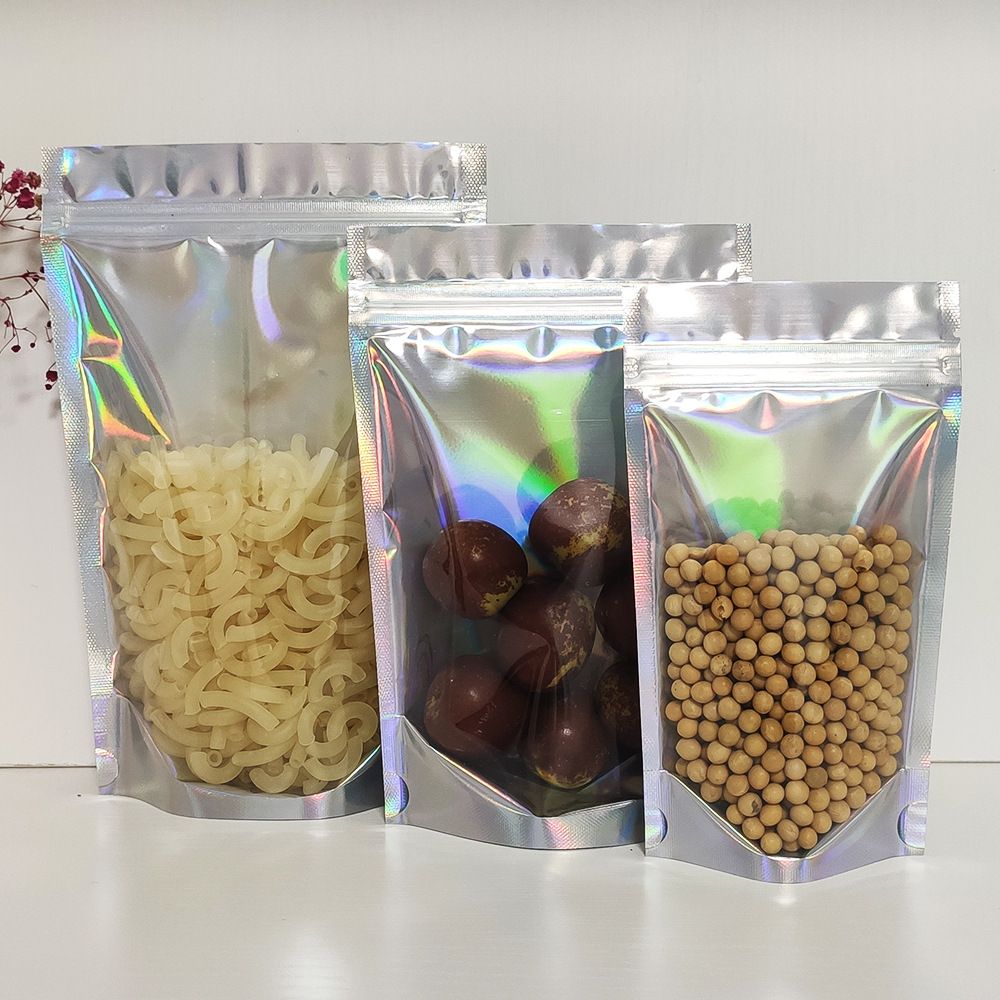 现货镭射镀铝阴阳自立自封塑料包装袋 半透明铝箔自封食品包装袋
