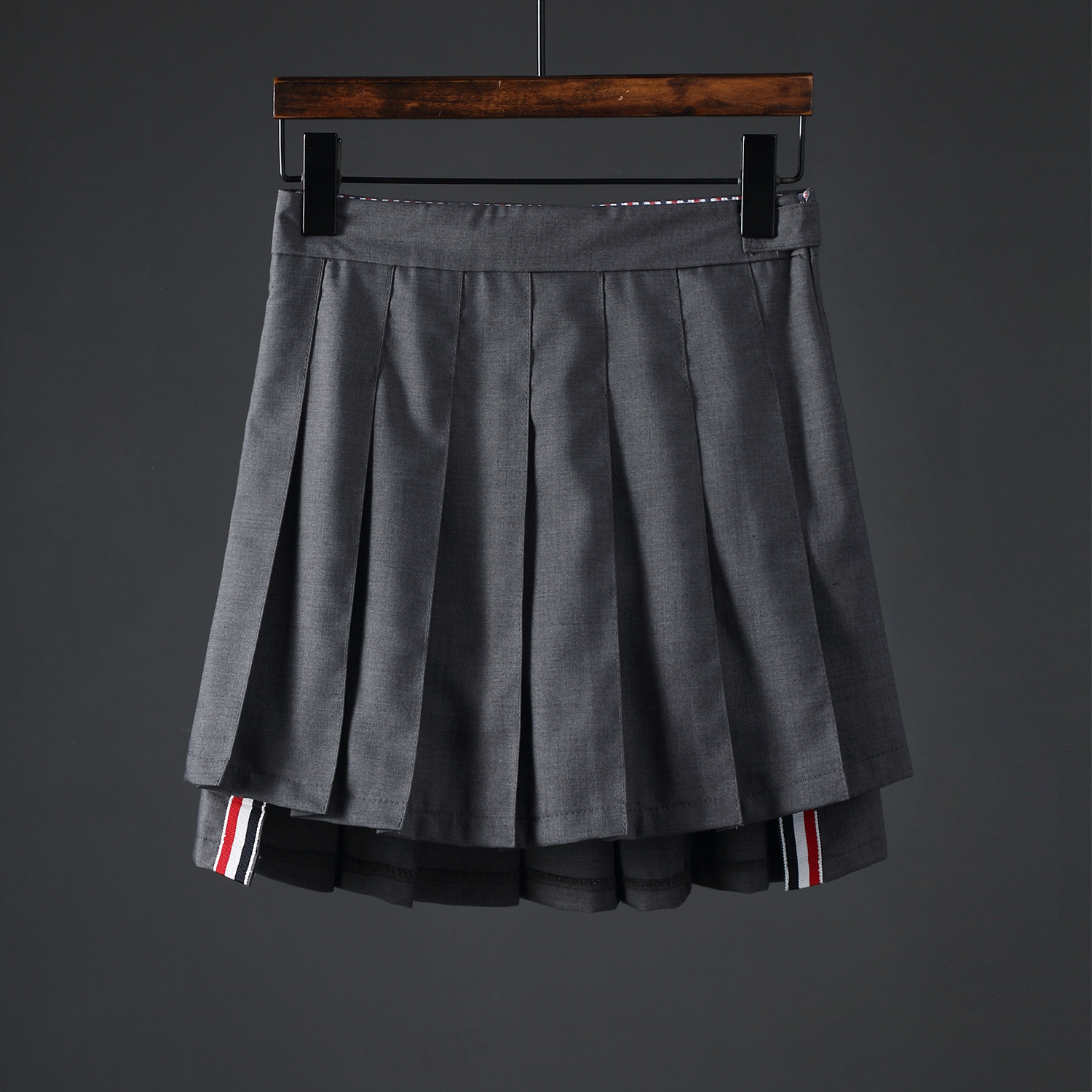 tb jl百褶裙开叉织带前长后短女装短裙防走光裙子休闲收腰半裙