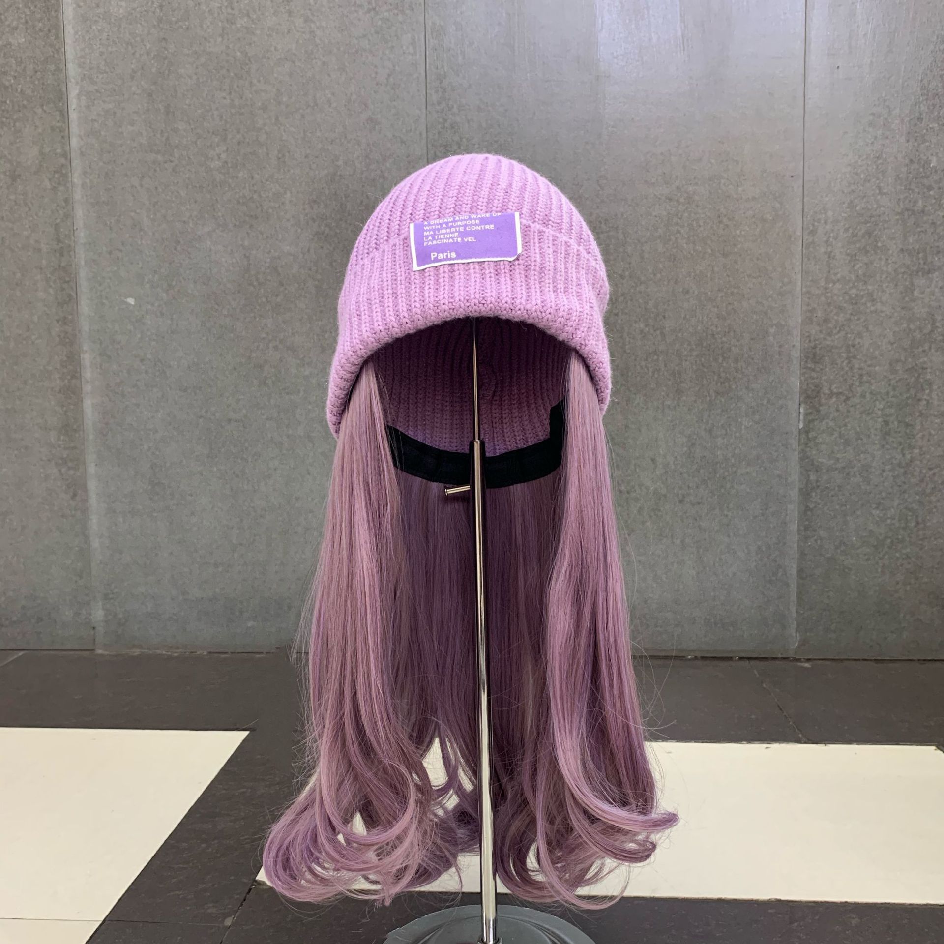 Purple Curly Hair Knitted Wig Cap Korean Versatile Bright Silk Knitted Hat Korean Invisible Detachable Wig Cold Hat