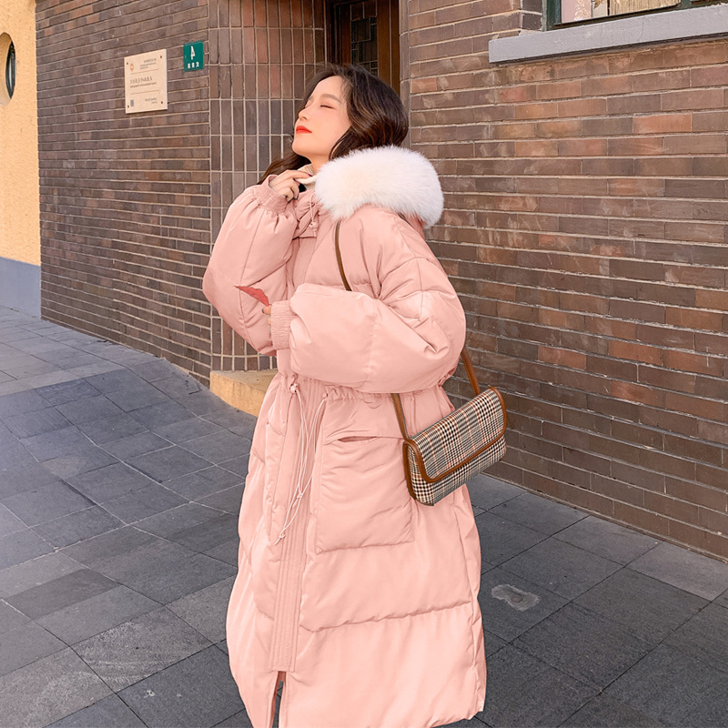 实拍新款韩版宽松过膝粉色羽绒棉服女冬季加厚中长款连帽棉衣外套