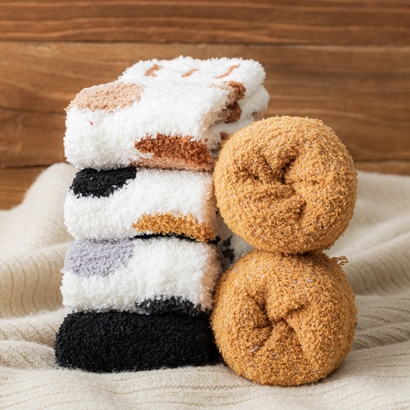 Autumn and Winter Korean Style All-Match Ear Embroidery Cat's Paw Coral Fleece Home Sleeping Socks Half Velvet Socks