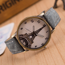 T130005牛仔布复古手表 数字艾菲尔铁塔学生休闲青铜帆布表带手表