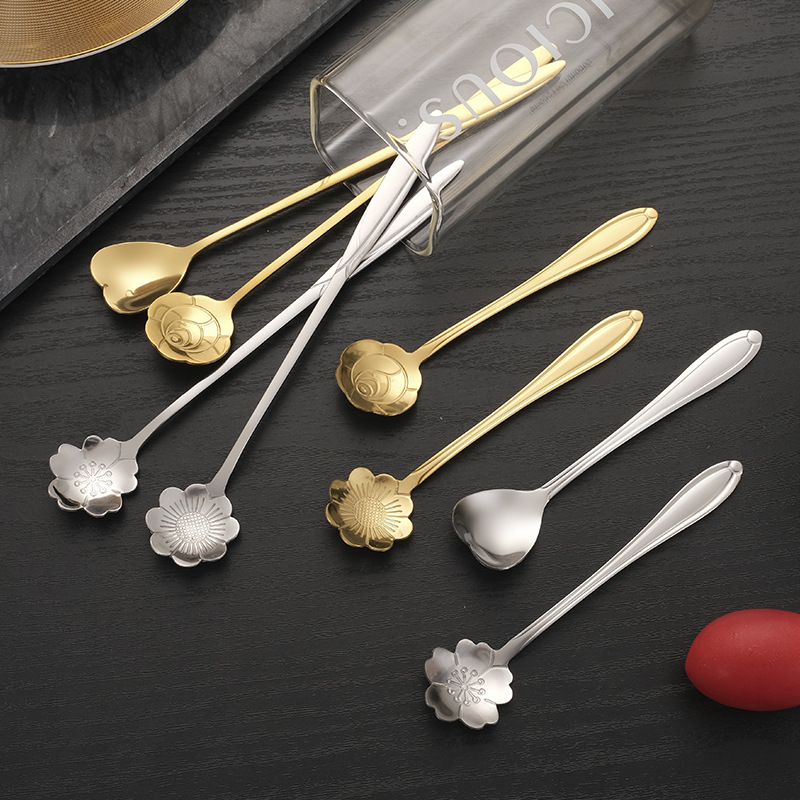 Creative Stainless Steel Cherry Blossom Spoon Japanese Internet Celebrity Coffee Spoon Gold-Plated Long Handle Ice Cream Dessert Stirring Rod Small Spoon