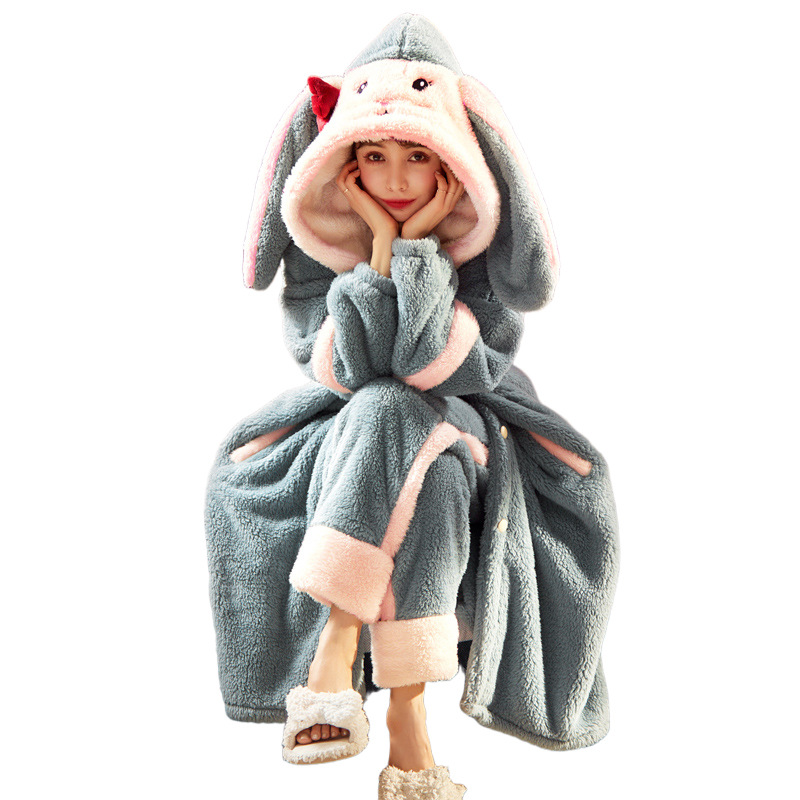 Pajamas Women's Autumn and Winter Coral Fleece Thickened Fleece-Lined Long Nightgown Cute Cartoon Flannel Outerwear Homewear