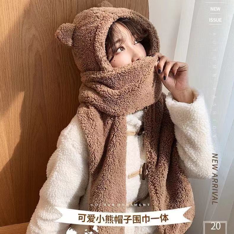 All-Match and Cute Autumn and Winter Warm Hat Scarf Thickened Integral Three-Piece Set Selling Cute Bear Ears One-Piece Hat