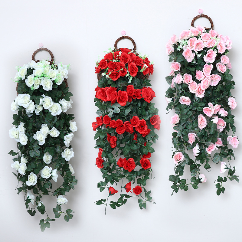 artificial flower artificial plant  Rose Rattan Fake Flower Hanging Basket Ornamental Flower Plant Vine Plastic Flower Vine Indoor Living Room Wall Hanging