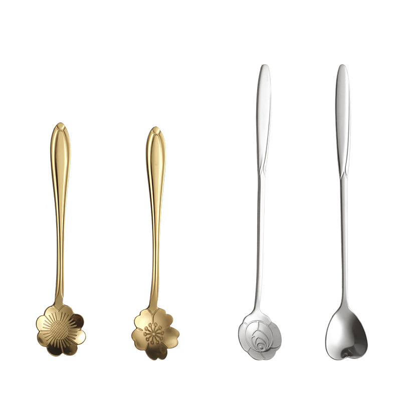 Creative Stainless Steel Cherry Blossom Spoon Japanese Internet Celebrity Coffee Spoon Gold-Plated Long Handle Ice Cream Dessert Stirring Rod Small Spoon