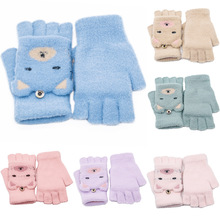 厂货秋冬季新款儿童翻盖手套卡通半指分指针织毛线加绒保暖手套