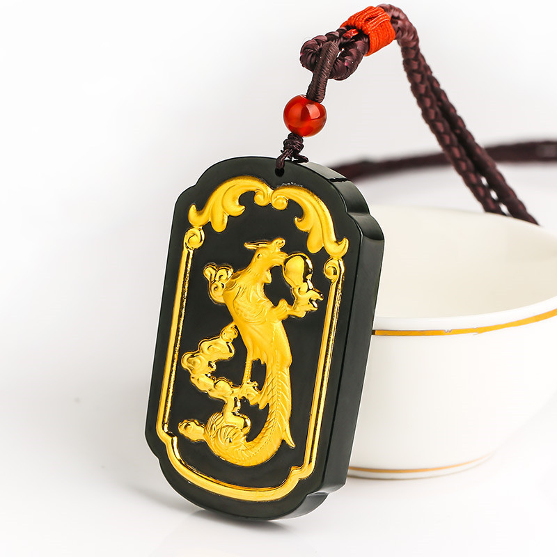 中国金店和田玉金镶玉吊坠墨玉龙凤呈祥玉牌时来运转挂件直播批发