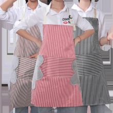 C家用带擦手围裙 可爱时尚条纹款小熊图厨房做饭防油污成人防护罩