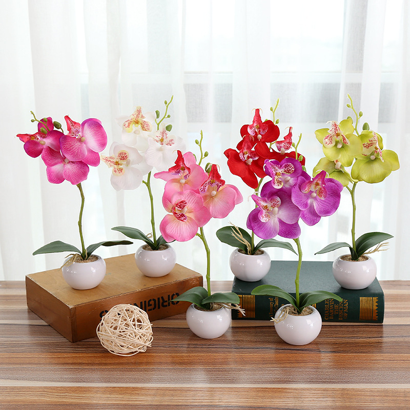 Popular Fake Flower Small round Basin Three-Flower Phalaenopsis Bonsai Factory Direct Supply Emulational Flower Decoration Green Plant Simulation Pot