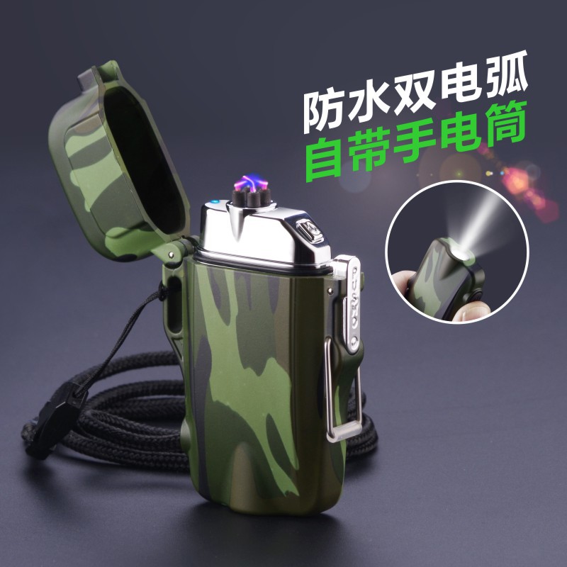 new outdoor waterproof three-gear torch lighter led light multi-function usb pulse double arc charging lighter