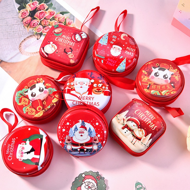圣诞节礼品糖果盒马口铁零钱包卡通创意圆形耳机包带拉链儿童礼物