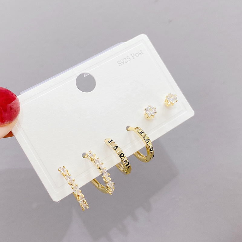 Simple Design Ear Studs Women's One Card Three Pairs Earings Set Korean Style Fashion Micro Inlay Full Diamond Earrings Eardrops Ornament