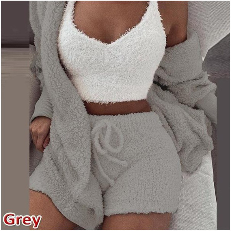 women clothes Cross-Border Women's Clothing European and American Winter Plush Homewear Casual 3-Piece Pajamas Long Sleeve Shorts Sports Suit for Women