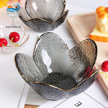 创意日式金边沙拉碗锤纹花瓣透明玻璃碗客厅家用水果盘蘸料味碟子