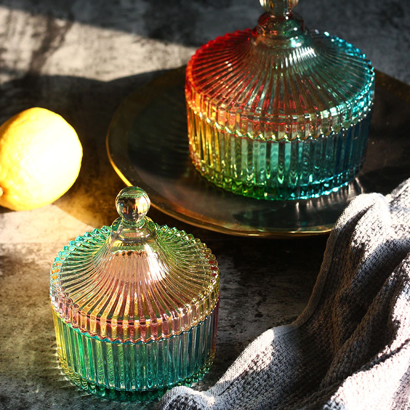 欧式家用大号彩色带盖玻璃糖果罐带盖储物罐摆件装饰收纳盒糖果盅
