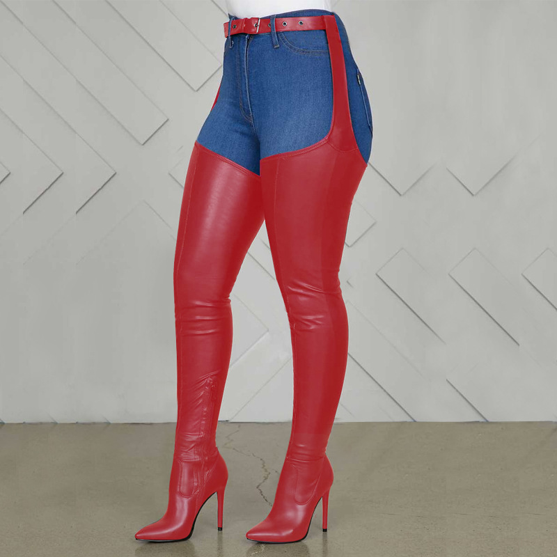 wish独立站冬季欧美风性感过膝长筒靴尖头高细跟皮带扣侧拉链女靴