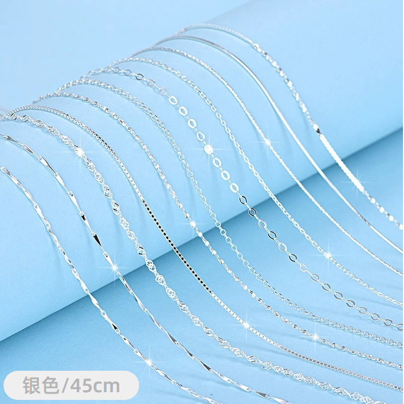 S925 Sterling Silver Necklace Box Chain Ingot Melon Seeds Water Wave Starry Sky Snake Bone Cross Female Clavicle Chain Necklace Wholesale