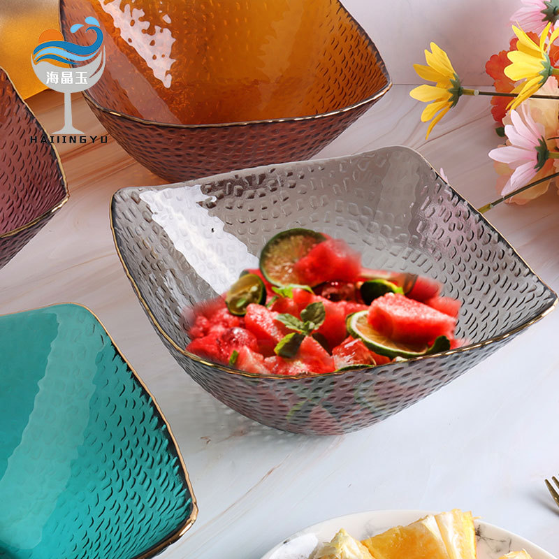 北欧风金边四方斗笠玻璃沙拉碗日式透明锤纹蔬菜水果碗盘餐具批发