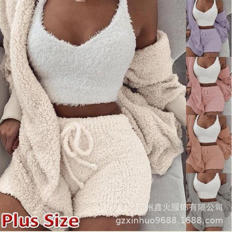 woman clothes Cross-Border Women's Clothing European and American Winter Plush Homewear Casual 3-Piece Pajamas Long Sleeve Shorts Sports Suit Women