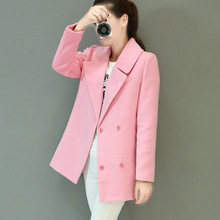 毛呢外套女2023韩版时尚新款单排扣西装领长袖粉色大衣一件代发