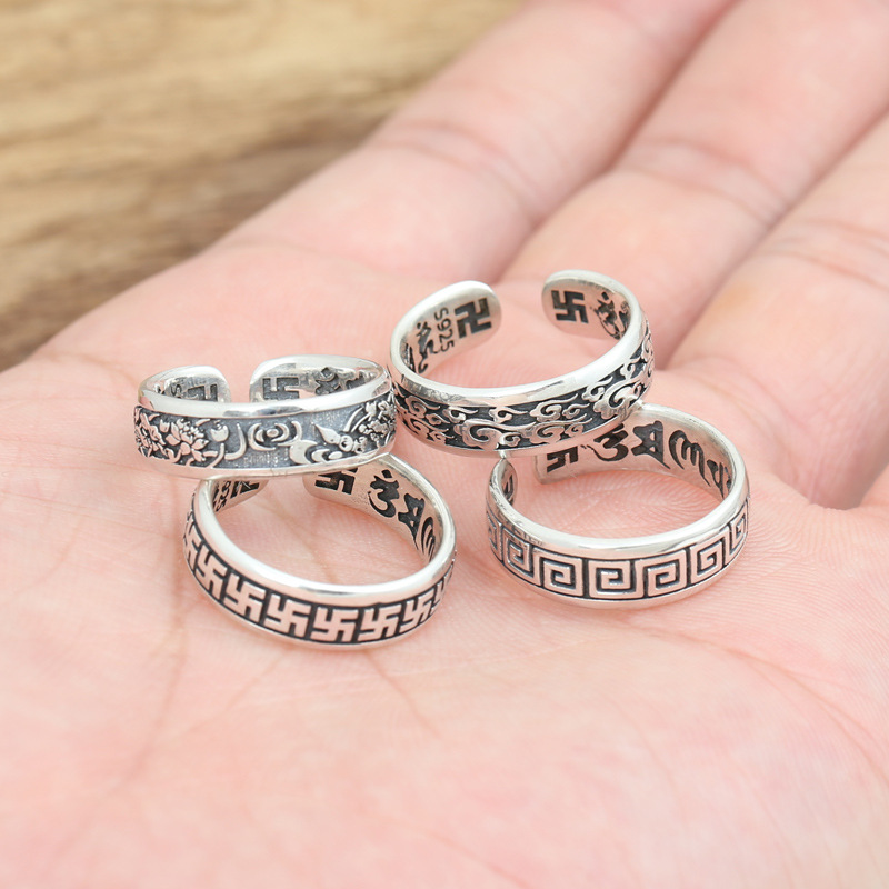 工厂批发s925纯银饰品复古泰银个性指环开口回纹万字祥云戒指尾戒