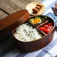 日式便当盒椭圆形咖啡色木质寿司饭盒简约创意木质餐具成人便当盒
