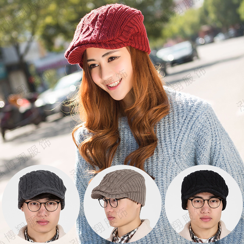 新款时尚韩版男女毛线帽 针织鸭舌帽 加绒加厚护耳户外保暖贝雷帽