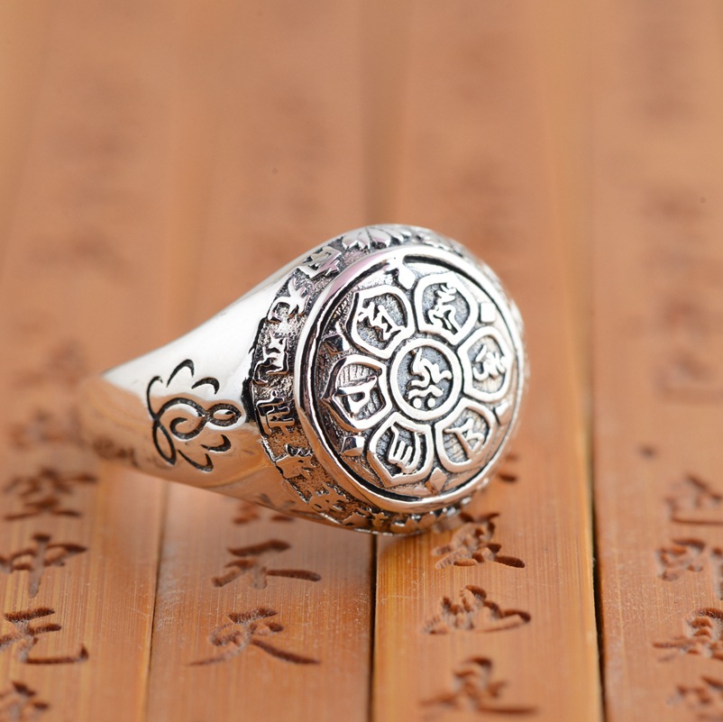 金鹿王S925银复古做旧工艺梵文文字戒指个性创意民族风个性银指环