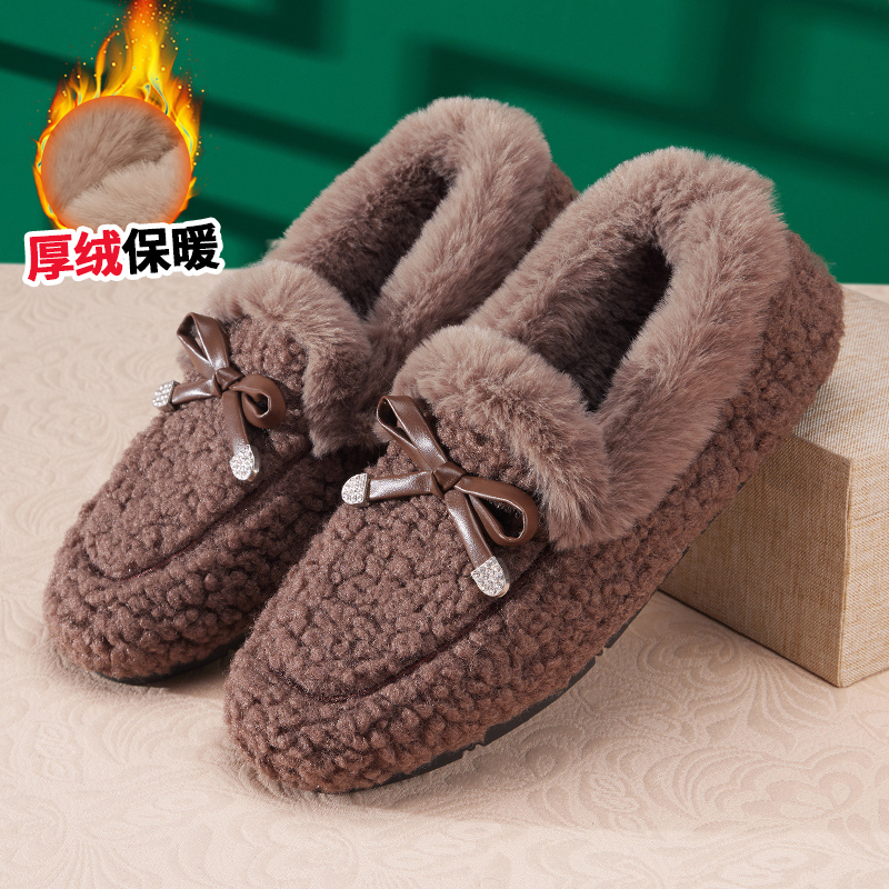 Winter Traditional Beijing Cotton Shoes Women's Fleece-lined Warm Cloth Shoes Furry Winter Casual Non-Slip Slip-on Women's Peas Shoes