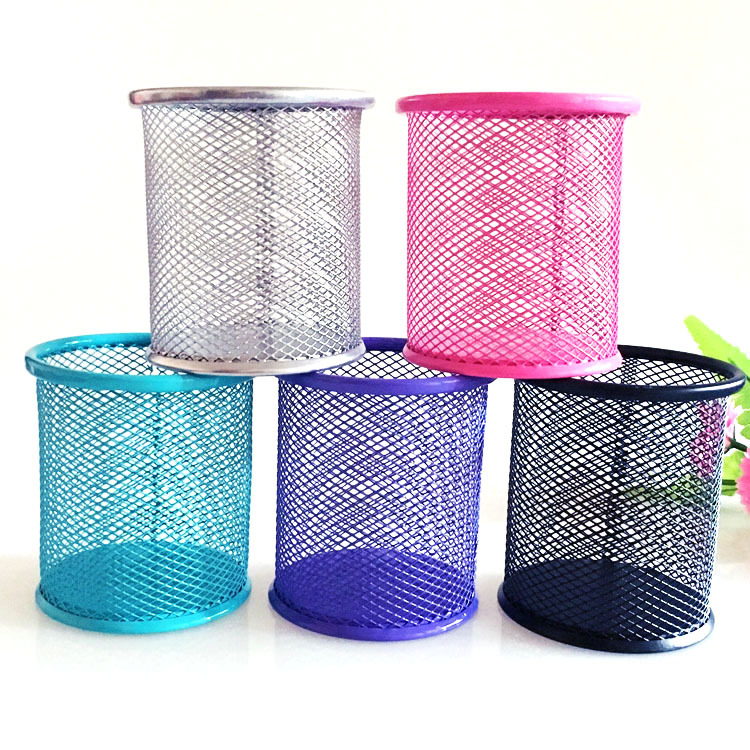 office supplies round pen container creative metal pen container student stationery desktop storage color pen container hollow iron art