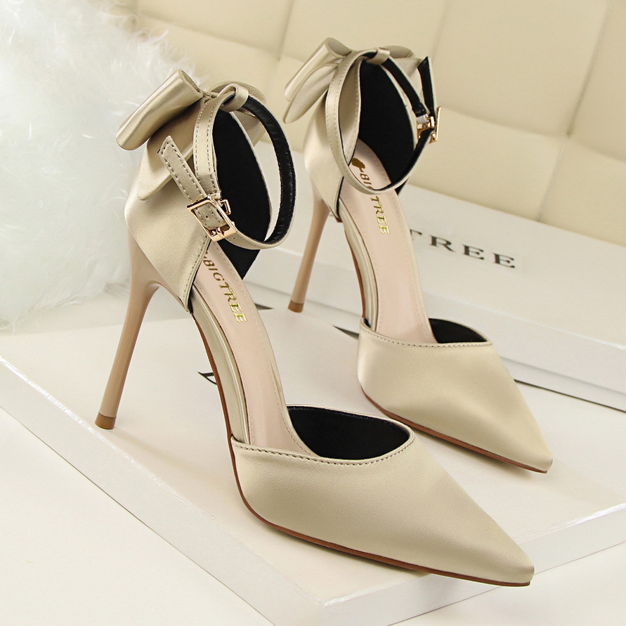 5196-1 Korean Style Sweet Women's Shoes Stiletto Heel Shallow Mouth Pointed Toe Satin Hollow Back Bow Strap Sandals