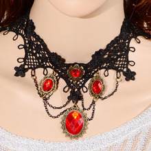 LE0019欧美时尚蕾丝吊坠项链 红色宝石女士颈链