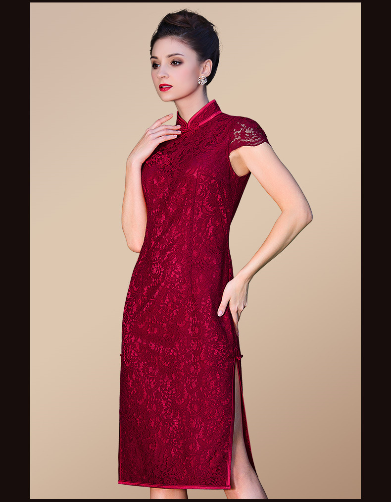 上海旗袍定制酒红色蕾丝礼服裙气质女神结婚连衣裙品牌演出服