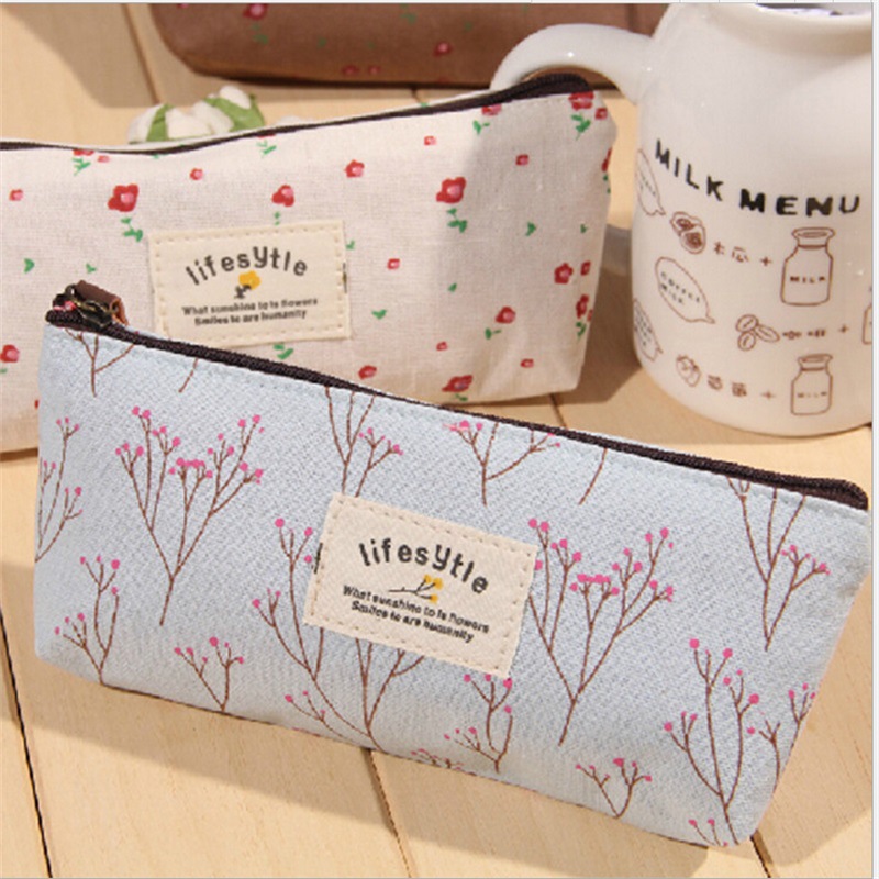 Korean Style Floral Pencil Case Fresh Casual Pastoral Style Floral Canvas Student Pencil Case Pencil Case Square Stationery Case Pencil Bag