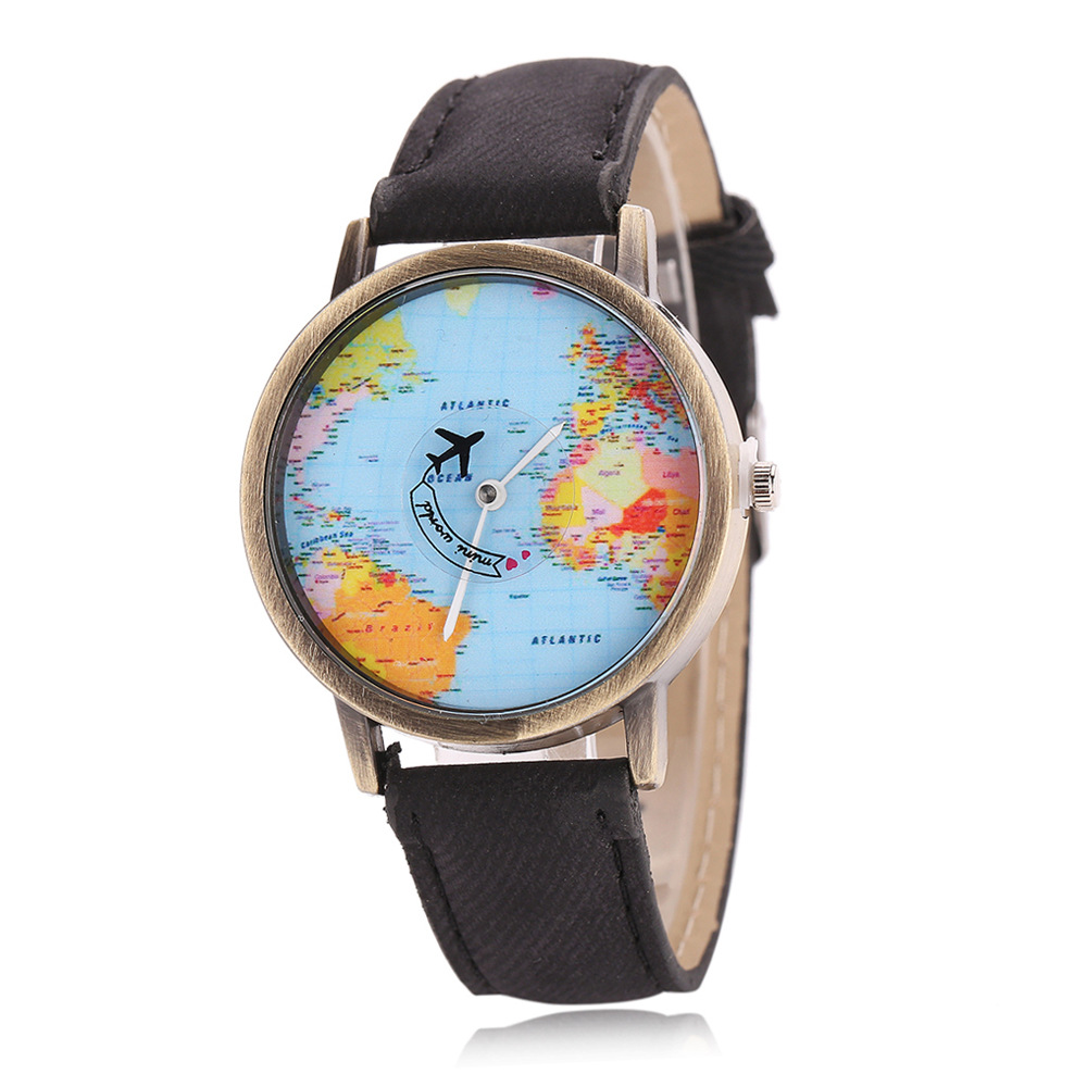 新款男士布带手腕表时尚流行手表简单复古飞机&地图图案手表潮