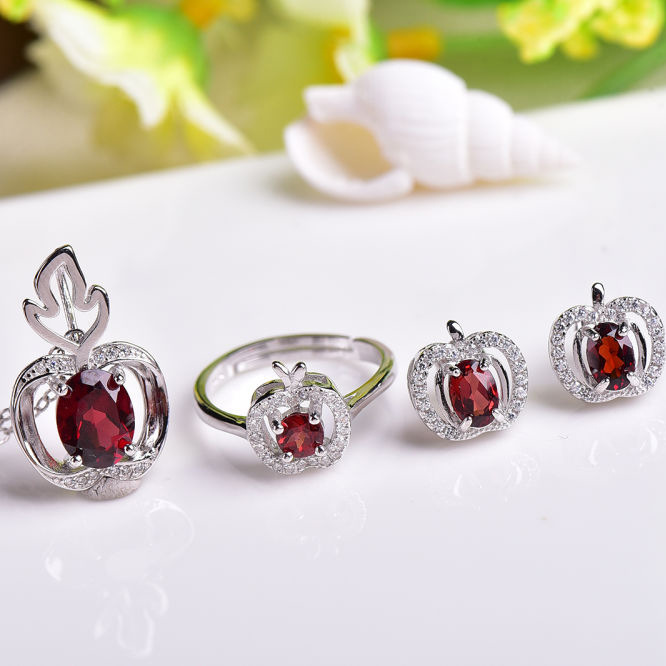 彩宝首饰 925银镶天然石榴石套装 镶宝石女式首饰三件套 诚招代理