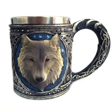 个性复古3D狼王马克杯双层不锈钢狼头咖啡杯水杯生日礼品外贸货源