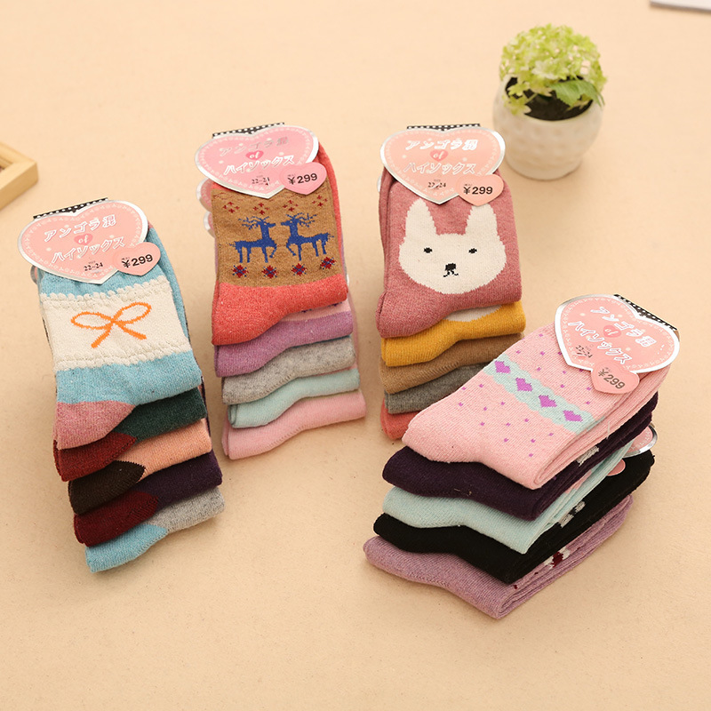 10 Pairs Autumn and Winter Women's Angora Wool Socks Sweet Cartoon Thick Warm Jacquard Women's Mid-Calf Length Sock Wholesale