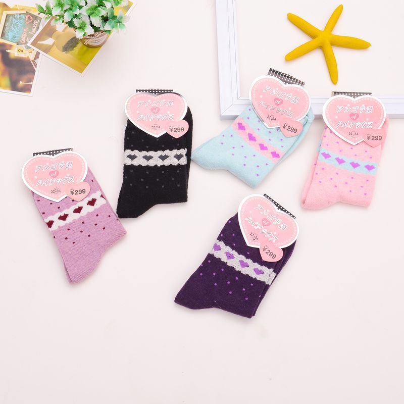 10 Pairs Autumn and Winter Women's Angora Wool Socks Sweet Cartoon Thick Warm Jacquard Women's Mid-Calf Length Sock Wholesale